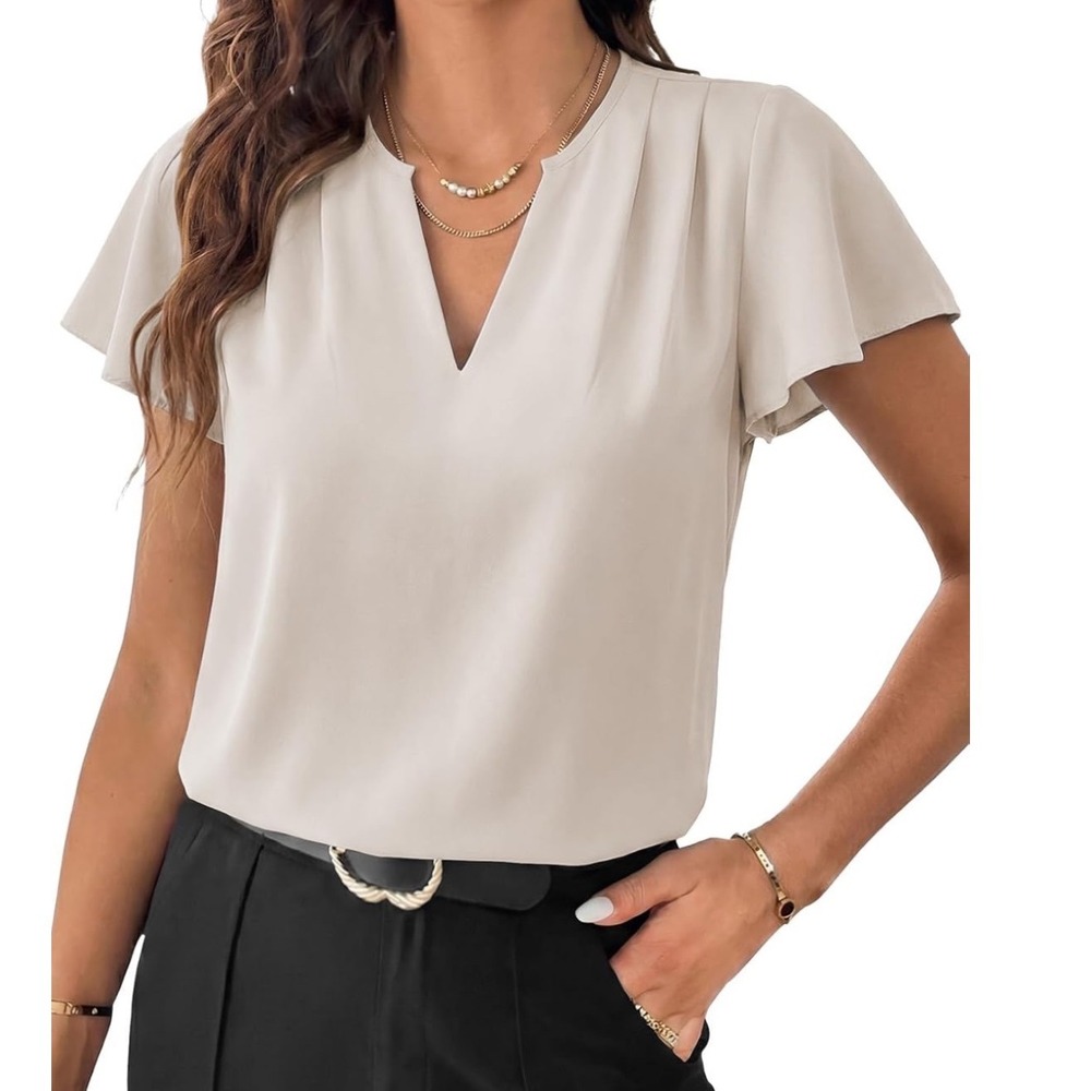 NEW EVALESS Flutter Sleeve Blouse Womens Size L Beige V-Neck Pleated Top career